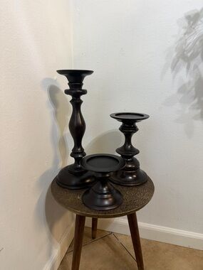 Pottery Barn Brown Black Turned Wood Candle Holder Trio